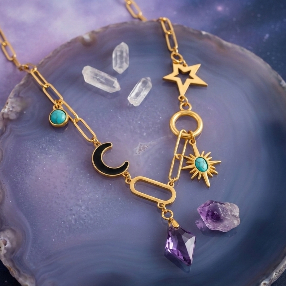 Boho Celestial 18K Gold Plated Stainless Steel Sun Moon Star Charm Necklace
